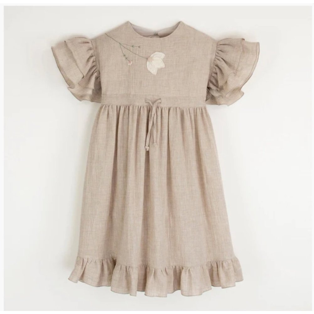 NWT Girls Popelin Sand Organic Dress With Embroidered Yoke And Appliqué
